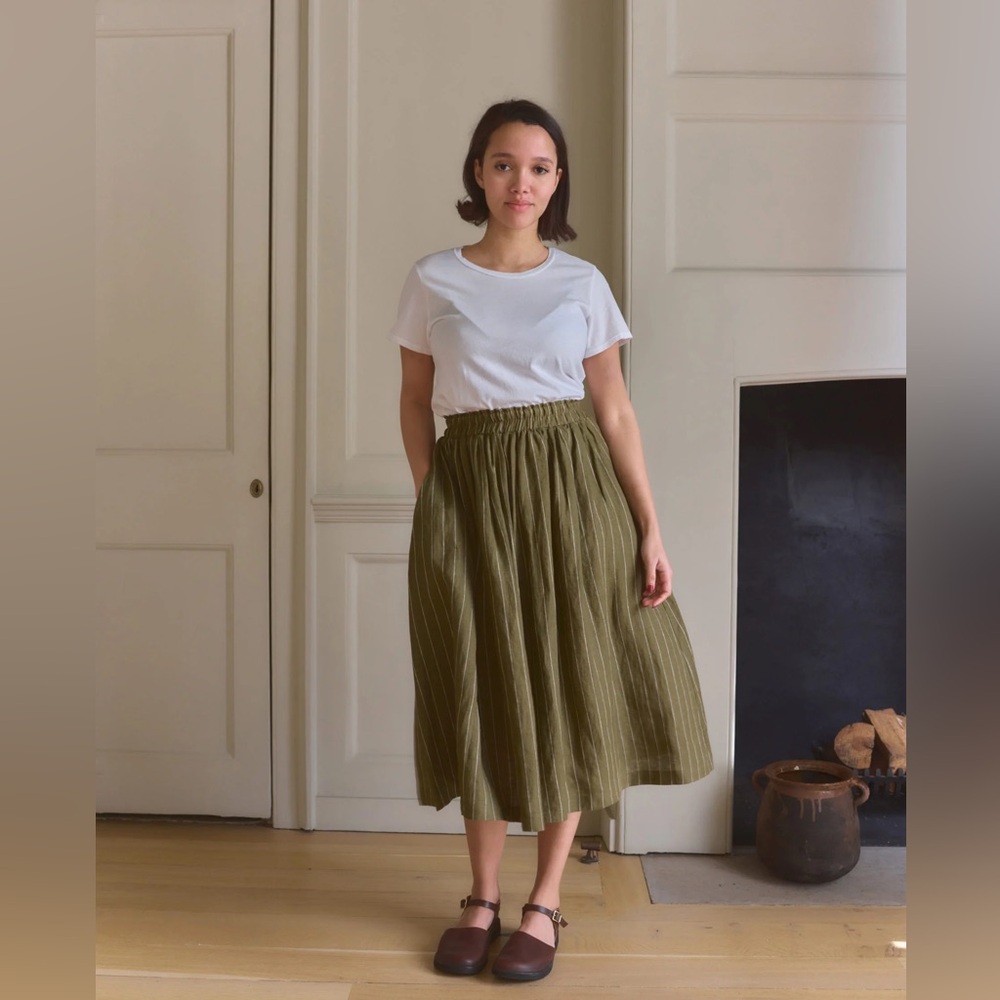NWT Pyne & Smith No. 11 Linen Skirt in Kelp Green Stripe
